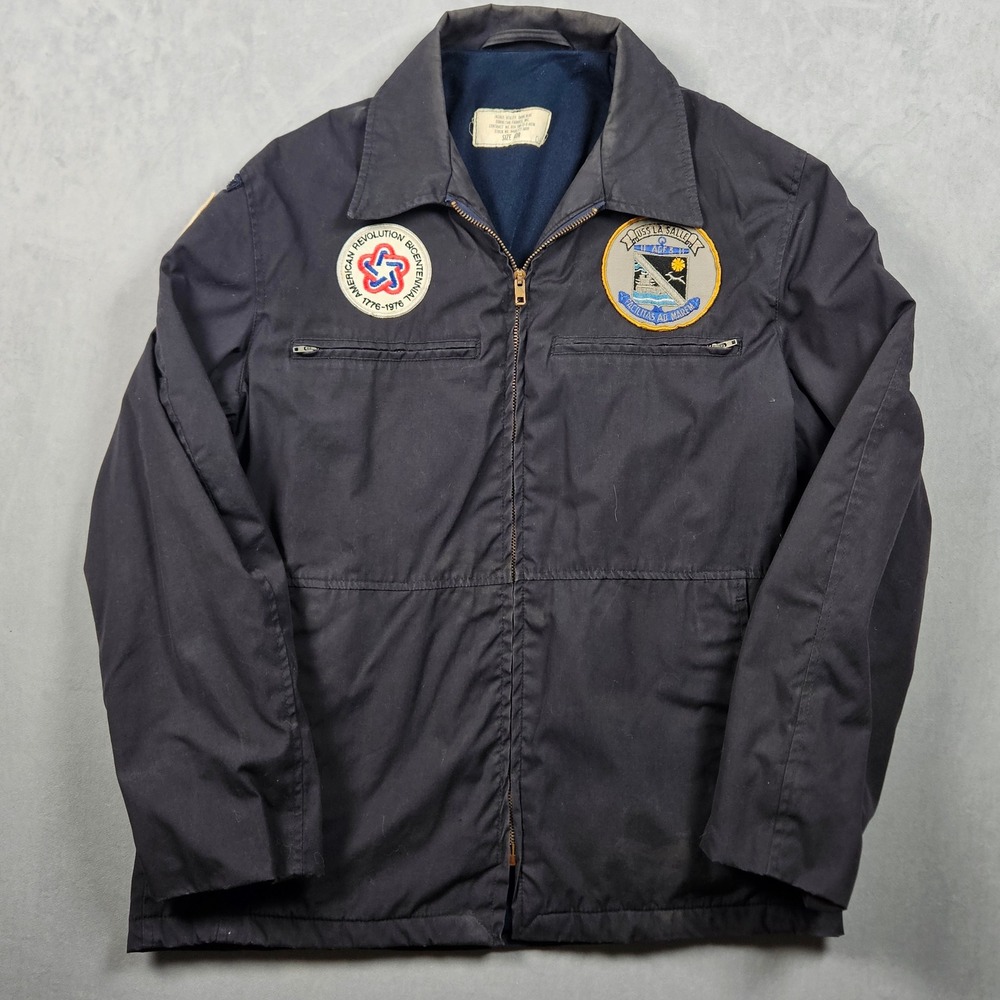 Vintage US Navy Utility Jacket Mens 40R Blue USS La Salle Bicentennial Patch 70s